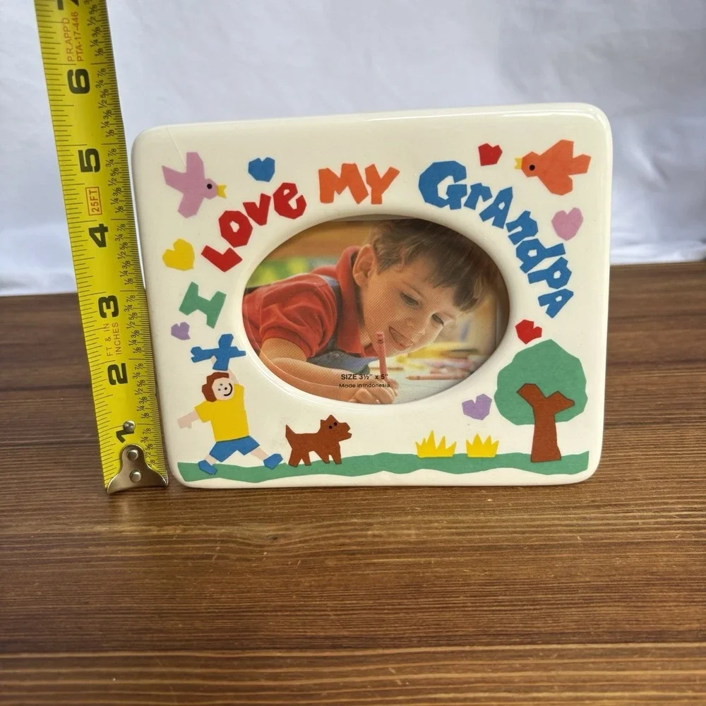 Vintage Russ I Love My Grandpa Ceramic Picture Frame 3.5x5 Hearts Birds